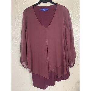 Apt. 9 Women's Burgundy 3/4 Sleeved‎ Sheer Blouse Asymmetrical Hem Size Medium